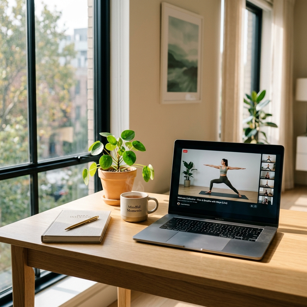 Aesthetic office workspace showing interactive desk yoga session on a laptop screen